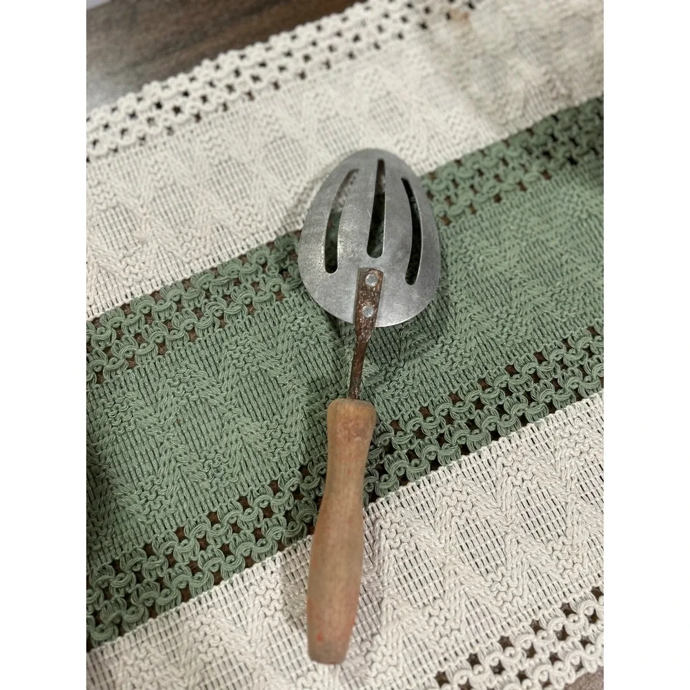 Vintage Slotted Spoon Utensil | Wood Handle Primitive Farmhouse Decor